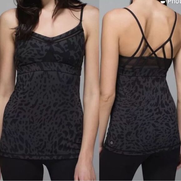 lululemon athletica Tops - Lululemon Sz 6 Just Breathe Tank Top Animal Print Black Gray Crisscross Back